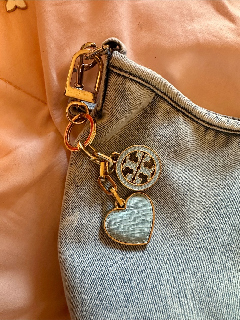 Tory Burch Gold-Tone Logo & Light Blue Heart Key Charm